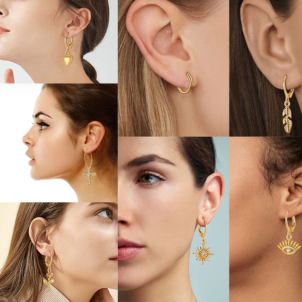 Boucles d'oreilles pendantes en or 18 carats pour femmes, ethnique, croix, cœur, fleur, œil, étoile, breloques, cerceau, ensemble de bijoux à la mode, 2021