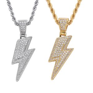 Or 18 carats éclair éclair collier ensemble de bijoux diamant zircon cubique pendentif hip hop colliers Bling bijoux pour femmes hommes chaîne en acier inoxydable volonté et sable