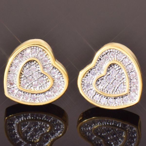 Pendientes de corazón de circonio CZ de Hip Hop de oro de 18 quilates para hombres y mujeres, regalos, pendientes de diamantes helados, joyería de rapero Punk Rock