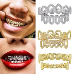 18k Hip Hop Hop Full Diamond Hollow Grillz Dental Dental Out Grills Brazes Tap Tooth Vampire Cosplay Rapper Whol257G