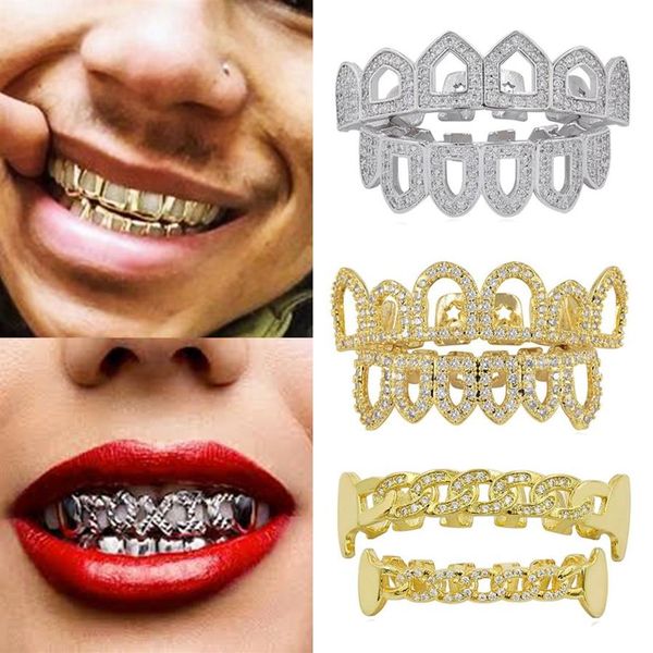 18K Gold Hip Hop Full Diamond Hollow dents Grillz Dentaire Iced Out Fang Grills Braces Cap Vampire Vampire Cosplay Jielts Jielry Whol257G