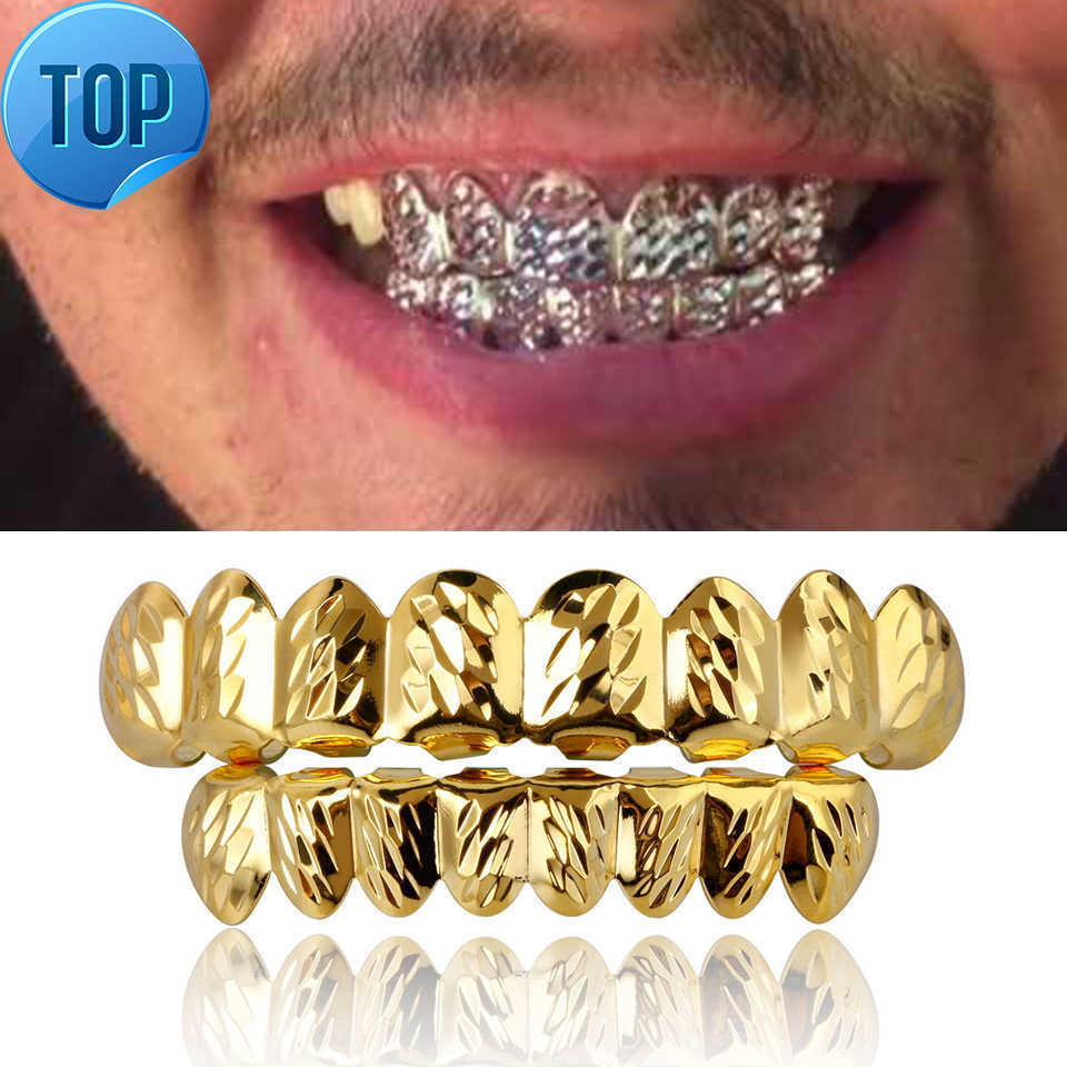 18K Gold Hip Hop Vampire Hammered Teeth Fang Grillz Dental Mouth Grills Braces Tooth Cap Rapper Jewelry for Cosplay Party Wholesale