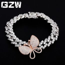 18K Goud Iced Cubic Zirconia Womens Totate Butterfly Cubaanse Link Chain Armbanden Femelle Papillon Bijoux Armband Polsband Chains Sieraden