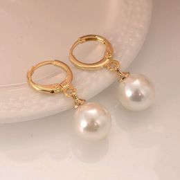 18K Gold Lady's Elegante 10mm Pearl Drop Clip Dangle Hoop Earrings Ear Cuff