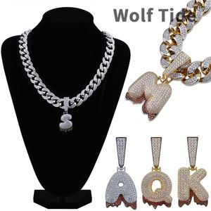 18K Or CZ Cubique Zircone Grand A-Z 26 Initiale Bulle Lettre Collier Goutte De Sang Pendentif Chaîne Cubaine pour Hommes Gars Plein Diamant Lettres Hiphop Rappeur Bijoux Cadeaux