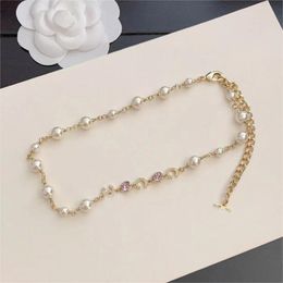 18K Gold Luxury C Letters Sailormoon ketting Designer Sieraden hebben Moissanite Link Chain Choker Coco Pearl Beads Clover Letter Diamond 3086