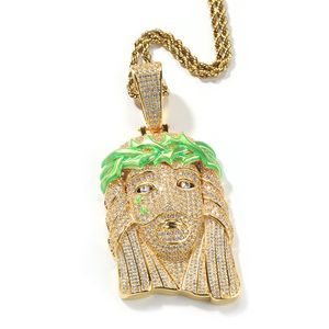 Nouvelle mode lumineux dégoulinant d'huile jésus pendentif collier or argent plaqué cuivre glacé Zircon Hip Hop bijoux cadeau