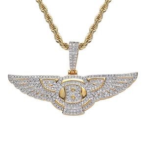 Collier avec pendentif ailes d'ange plaqué or 18 carats, Zircon glacé, bijoux scintillants pour hommes, cadeau 3017