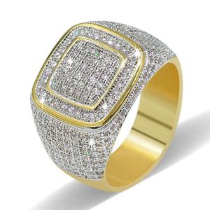 18K Vergulde Klassieke Iced Out Bling Bling Ring Heren Micro Pave Cubic Zirconia Gesimuleerde Diamonds Hip Hop Ringen