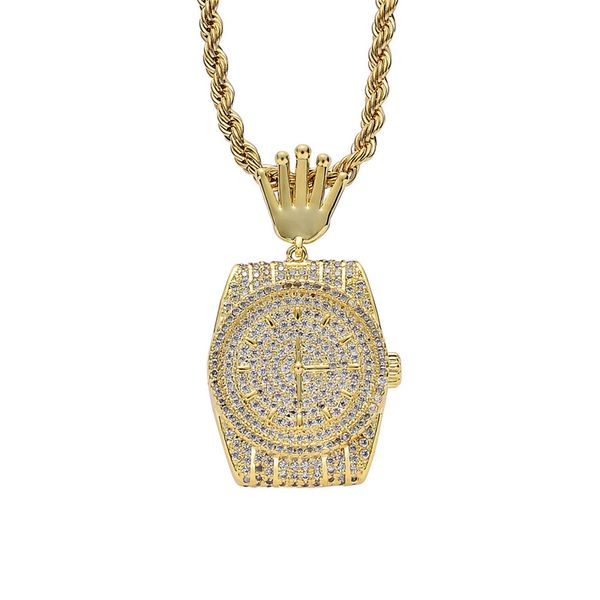 18K Plaqué Or Diamant Montre De Poche Collier Cuivre Matériel Plein CZ Pierre Hommes Hip Hop Bijoux Cadeau