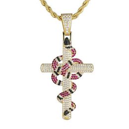 Colgante de cruz de serpiente de coral chapado en oro de 18 quilates en oro blanco con circonita helada, joyería de Hip Hop ostentosa Gift223b
