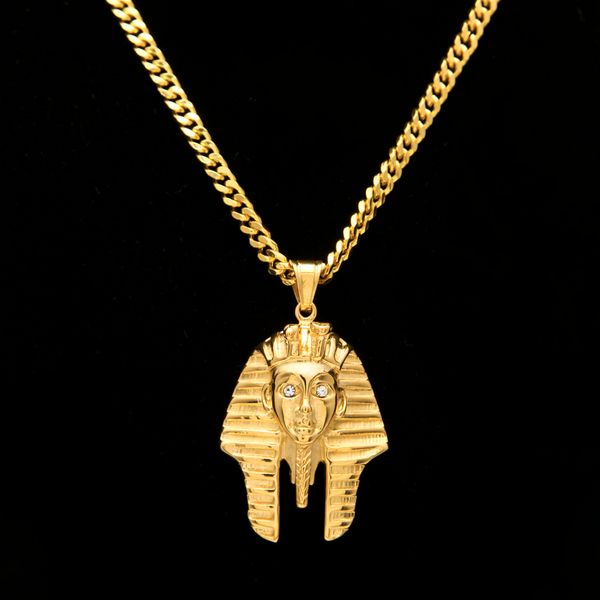 Collier avec pendentif en acier inoxydable CZ plaqué or 18 carats, roi pharaon égyptien, bijoux africains avec chaîne à maillons cubains de 5 mm et 70 cm, bijoux en Vermeil