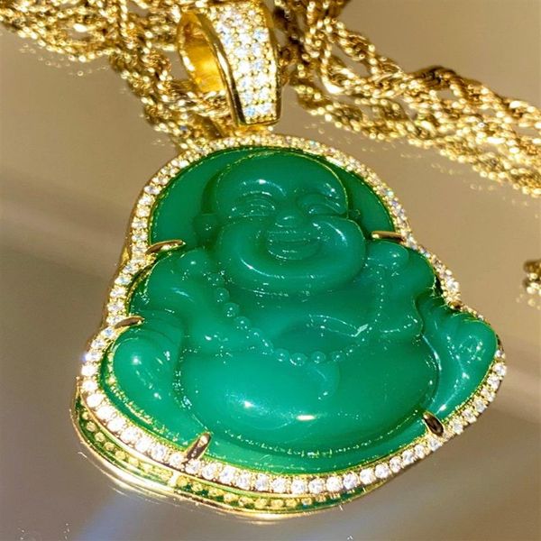 Collar con colgante de Buda sonriente con diamantes de imitación de laboratorio de jade verde con acabado chapado en oro de 18 quilates, joyería CZ 1878