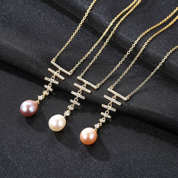 Collier avec pendentif en perles d'eau douce plaqué or 18 carats pour femmes, bijoux en zircon brillant, collier en arête de poisson, accessoires de mode