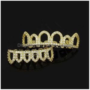 Grillz plaqué or 18 carats pour hommes et femmes de la mode de rue Rappeurs de luxe Bling Zircon Grills dentaires Ensemble de 2 pièces Creux Hip Hop Drop Del Dhigh