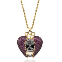 Plaqué or 18 carats Hip Hop personnalisé squelette coeur brisé pendentif chaîne collier cuivre glacé violet CZ cubique Zircon pour hommes a307V