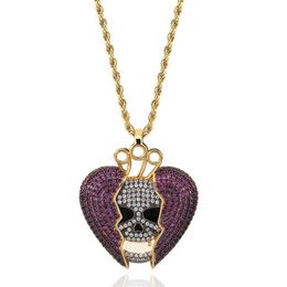 Plaqué or 18 carats Hip Hop personnalisé squelette coeur brisé pendentif chaîne collier cuivre glacé violet CZ cubique Zircon pour hommes a276G