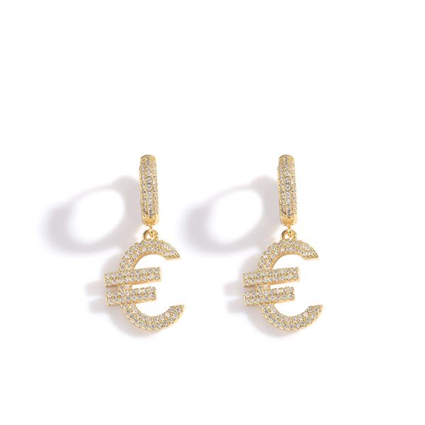 Plaqué Or 18K Iced Out Euro Symbole Boucles d'Oreilles Boucles d'Oreilles pour Hommes Femmes Hip Hop Bijoux Cadeau