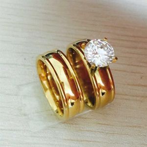 18k vergulde grote CZ diamant 316L roestvrij staal koppelringen set voor mannen vrouwen verloving jubileum liefhebbers paar ringen263k