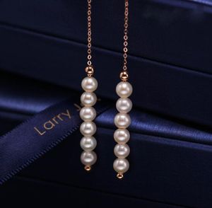Alambre de oreja largo chapado en oro de 18K, 4-5mm, 6 cuentas, candelabro colgante, pendientes de perlas de agua dulce, joyería de moda blanca para mujer/niña