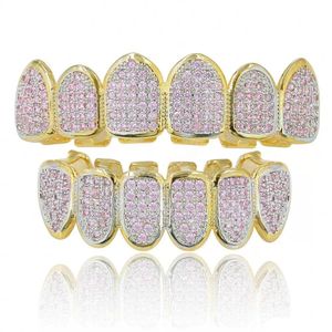 18K vergulde macro pave roze kleur cz iced out tanden grillz set halloween vampier tanden