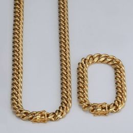 18K GOUD GOLDE MEN's Miami Cuban Link Braceletchain Set roestvrij staal 14 mm