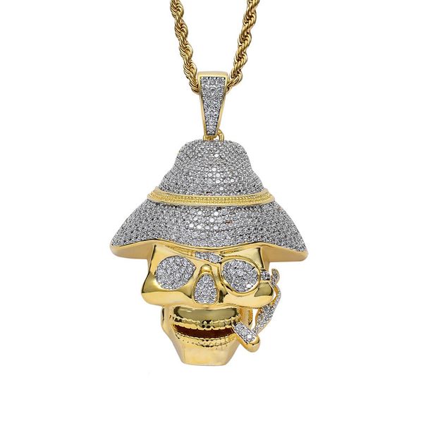 Collier pendentif crâne de pirate plaqué or 18 carats avec chaîne de corde Chaîne de tennis Iced Out Zircon Mens Bling Jewelry Gift