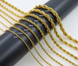 Collar de acero inoxidable con cadena de cuerda chapada en oro de 18 quilates para mujeres y hombres, diseño de moda dorado, cadenas de cuerda, regalo de joyería de Hip Hop 2992322905104