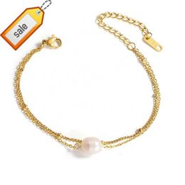 Chaîne de perles réglable en acier inoxydable plaqué or 18 carats Double couche chaîne lien perle d'eau douce bracelet à breloques pour femmes bijoux