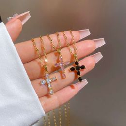 Chaîne en acier inoxydable plaqué or 18 carats, collier classique avec pendentif croix en Zircon pour femmes et filles, cadeaux