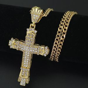 Collier avec pendentif croix découpé en acier inoxydable plaqué or 18 carats, chaîne cubaine avec diamant d'eau, rétro, 265d