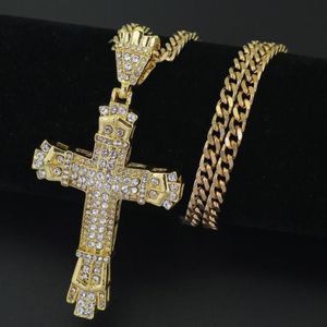Collier avec pendentif croix découpé en acier inoxydable plaqué or 18 carats, chaîne cubaine avec diamant d'eau rétro, 262S
