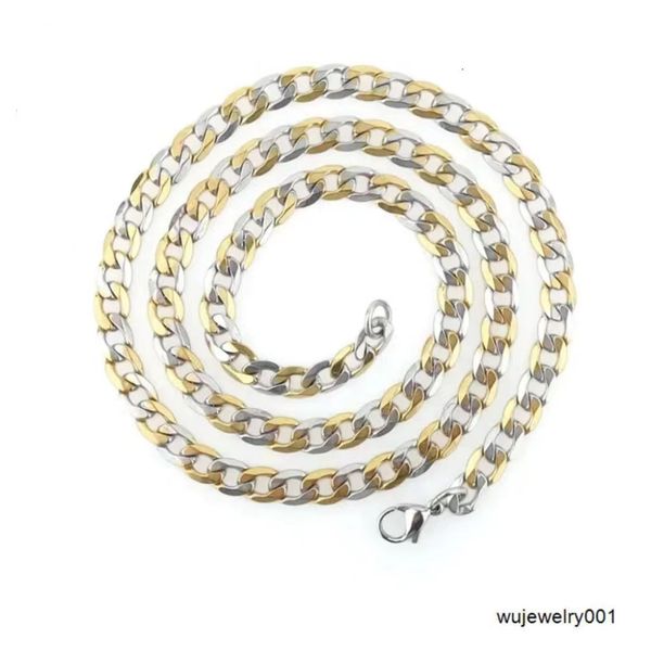 Collier en acier inoxydable pour hommes, plaqué or 18 carats, deux tons, coupe diamant, chaîne cubaine, bijoux