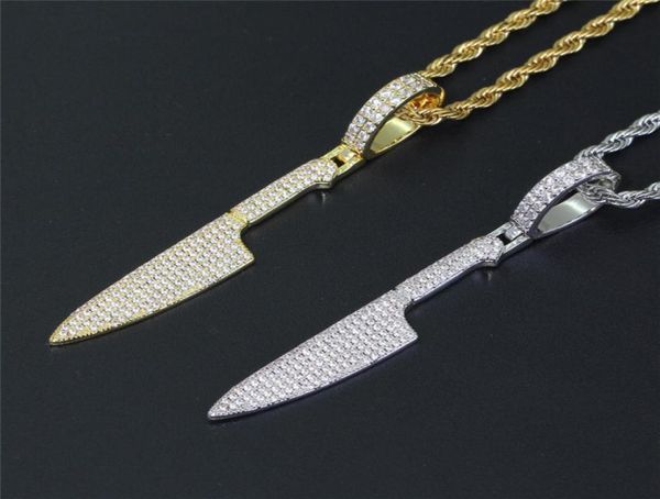 Gold de oro de oro de 18 km enchufado 21 Savage Knife Colgante Collar Micro Circón Pavido Mens Bling Hip Hop Jewely6274414