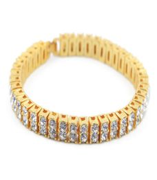 18-каратное золото Pted Iced Out 2 ряда Bling Crystal Браслет Серебро Золото Мужские браслеты с бриллиантами Высокое качество Хип-хоп Мужчины Jewelry1753835