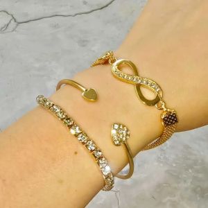 Bracelet ouvert d'amour en argent et or 18 carats, ensemble de bracelets créatifs assortis en cristal infini en forme de 8, 3 pièces/ensemble