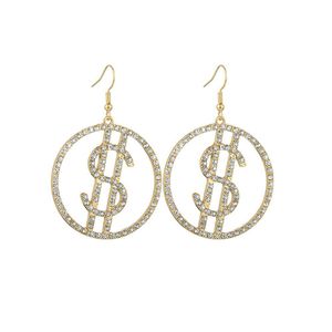 Pendientes colgantes con signo de dólar chapado en plata y oro de 18 quilates para mujeres y niñas, pendientes con gancho circular de diamantes, joyería de moda, precio al por mayor