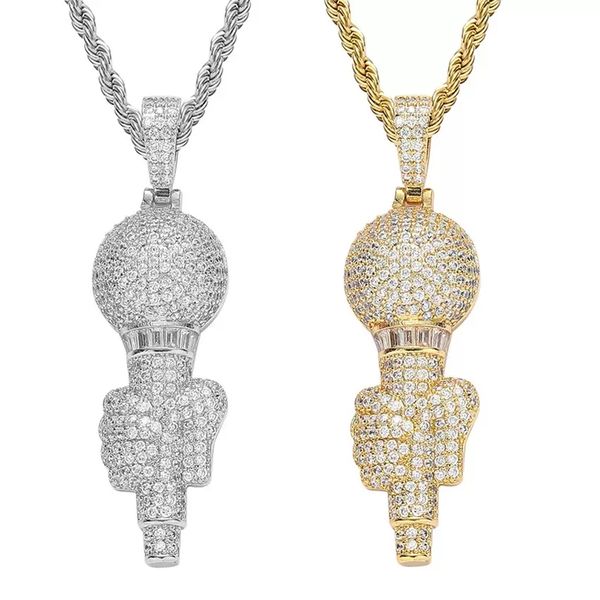 18k Or Chanteur Microphone Collier Cuivre Zircon Hip Hop Colliers 60cm Chaînes Dorées Garçons Rap Ensemble de Bijoux pour Femmes Hommes Mode