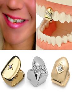 18K Gold Single Diamond Teets Grillz Punk Hip Hop Dental Buck Fang Brass Fake Grills Tooth Cosplay Costume Party Rapper Body1863776