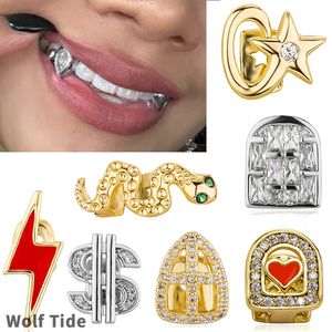 18K Oro Solo Grillz Tirantes Hip Hop Iced Cubic Zirconia Pentagrama Dientes Dental Boca Colmillo Parrillas Diente Cap Fiesta de Halloween Vampiro Rapero Joyería del cuerpo al por mayor