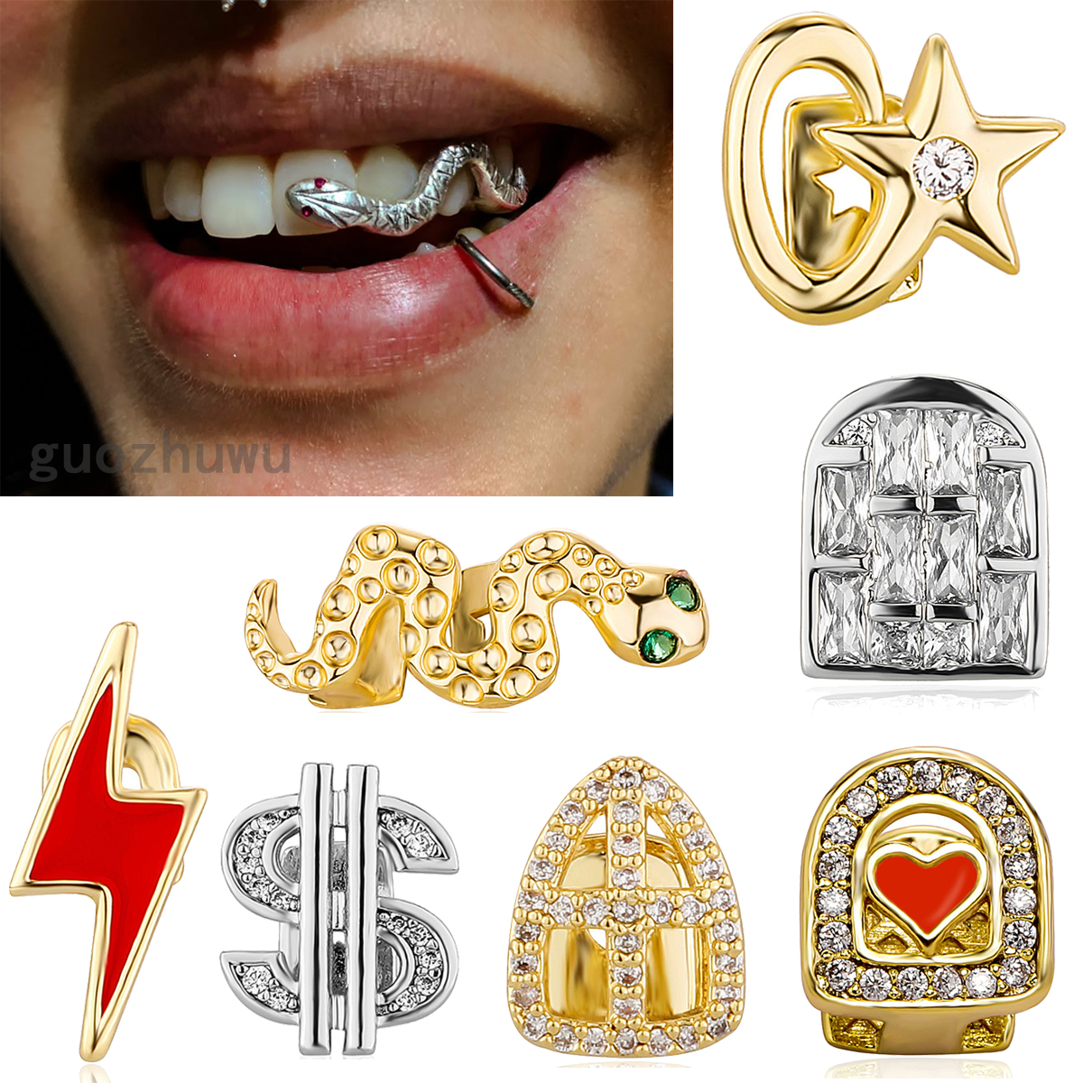 18K Gold Single Grillz Braces Hip Hop Iced Out Cubic Zirconia Snake Teeth Dental Mouth Fang Grills Tooth Cap Halloween Party Vampire Rapper Body Jewelry Wholesale