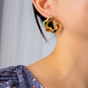 18K gouden roestvrijstalen oorbellen en oorbellen voor dames INS stijl groot merk met overdreven hamerpatroon ingelegd met zirkoon C-vormige oorbellen