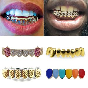 Dientes de oro de 18 quilates Tirantes Punk Hip Hop Diamante multicolor Dientes inferiores personalizados Grillz Boca dental Fang Grills Diente Cap Vampire Rapper Jewelry