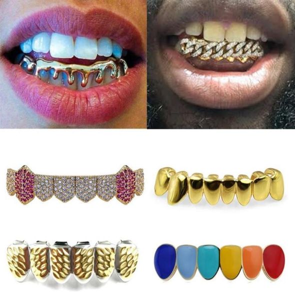 Dents en or 18 carats Bretelles Punk Hip Hop Diamant multicolore Dents inférieures personnalisées Grillz Bouche dentaire Fang Grills Capuchon de dent Vampire Rapper7026918