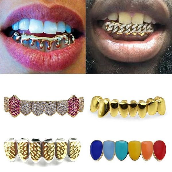 Dents en or 18 carats Bretelles Punk Hip Hop Diamant multicolore Dents inférieures personnalisées Grillz Bouche dentaire Fang Grills Capuchon de dent Vampire Rapper228f