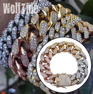 Bracelet à maillons cubains en zircon cubique multicolore arc-en-ciel en pierre CZ Chaînes gourmettes pour hommes Hip Hop Miami Punk Rock Rappeur Bijoux Bracelet en cuivre pour les gars Bijoux Cadeaux