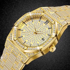 18K Gouden Horloge Mannen Quartz Mens Horloges Rvs Business Clock Man Waterproof Date Ice Out Diamonds Relogio Masculino Nieuw