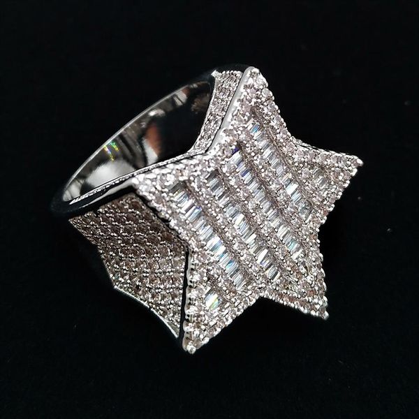 Oro de 18 quilates Oro blanco para hombre nuevo Bling Cubic Zirconia Pentagrama Anillo de Hip Hop chicos Diamante completo Iced Out Rapero Joyería Regalos para Boy2852