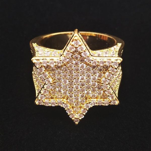 18K oro blanco chapado en oro para hombre Franklin Mint Green Iced Out CZ Cubic Zirconia Hexagonal Star Finger Ring Band chicos HipHop Rapper 242k