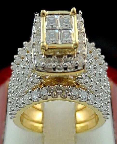 18 carats Golden Diamond Princess Square Ring Engagement Luxury Anillos de Ring Bague Etoile Set Bizuteria Diamante pour les femmes Men Ring J3244995